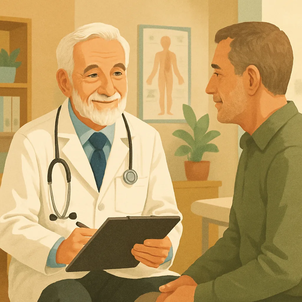 A compassionate doctor explaining something to an adult patient during an annual physical.